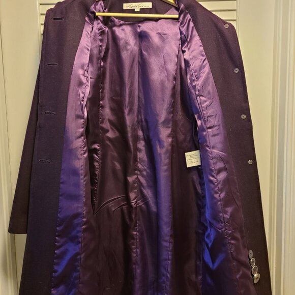 Kenneth Cole Plum Wool Coat | Military Style, Size 12, Satin Lined Button Detail - Picture 3 of 6